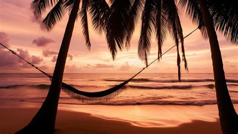 Hammock Hanging Between Two Palm Trees On A Beach Generative Ai Stock