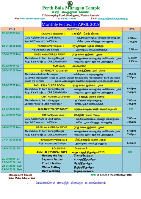 Monthly Festivals April 2019 Perth BalaMurugan Temple