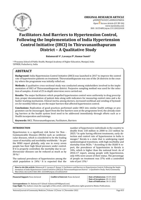 Pdf Facilitators And Barriers To Hypertension Control Following The