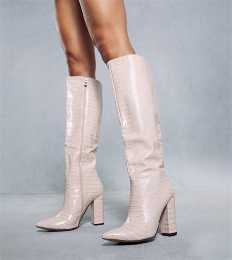 Buy MissPap Leather Look Croc Knee Length Boots In Nude 6thStreet Saudi Arabia