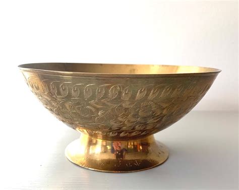 Vintage Etched Brass Bowl Made In India Etsy