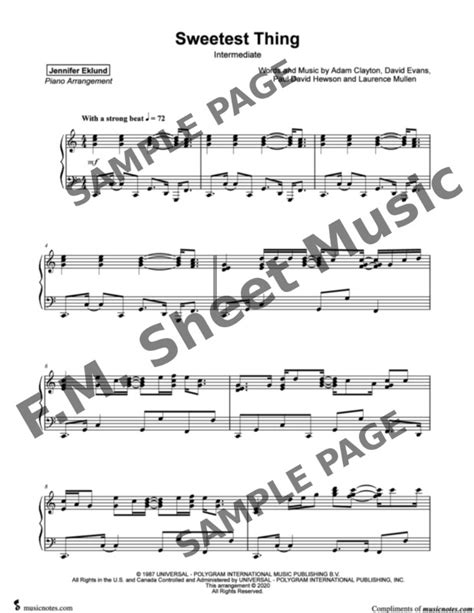 Sweetest Thing (Intermediate Piano) By U2 - F.M. Sheet Music - Pop Arrangements by Jennifer Eklund