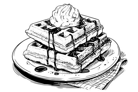 Waffles With Ice Cream Hand Drawn Ink Sketch Engraving Style Vector