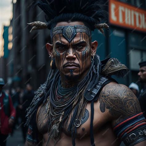 Premium Photo | A man with a tribal tattoo on his face stands in front ...