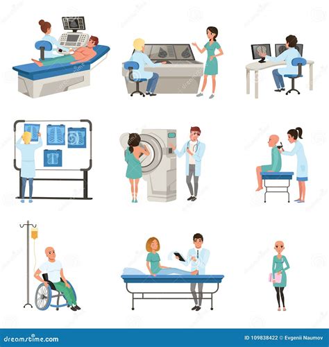 Diagnostic And Treatment Of Cancer Set Doctors Patients And Equipment