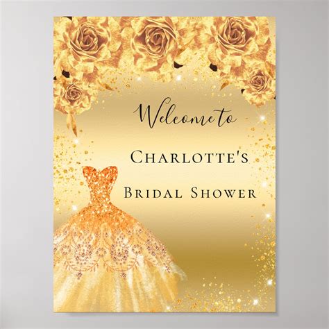 Bridal Shower Gold Glitter Dress Florals Welcome Poster Zazzle