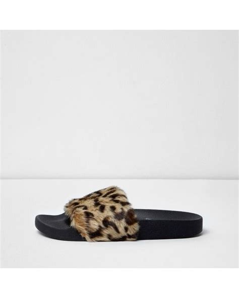 River Island Brown Leopard Print Fluffy Sliders Lyst Uk