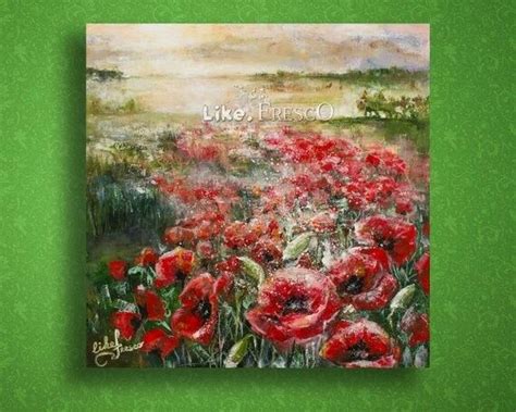 Red poppy field painting, Oil landscape, Flower field painting, Sunrise ...