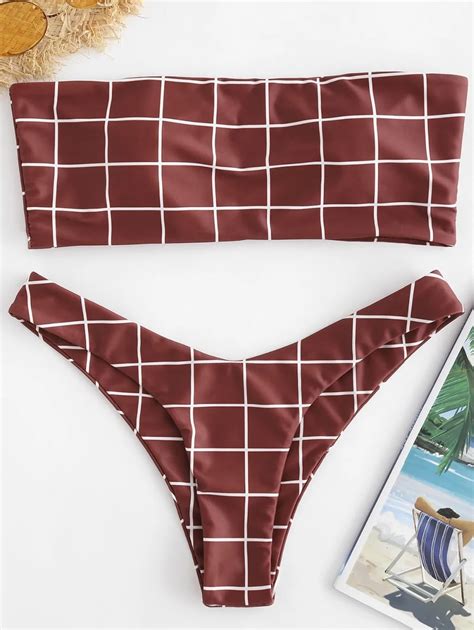 Plaid Bikini Set Women Padded Strapless Plaid High Cut Thong Bikinis