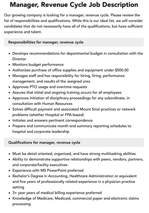 Manager Revenue Cycle Job Description Velvet Jobs