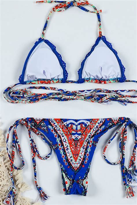 Royal Blue Print Triangle Wrap Tie Bikini Set With Frill Detailing ShopperBoard