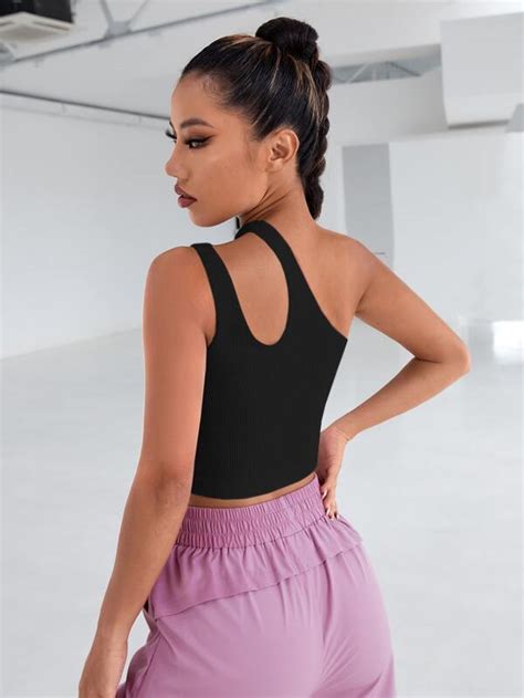 Yoga Sxy Rib Knit One Shoulder Cut Out Crop Sports Top Shein Usa