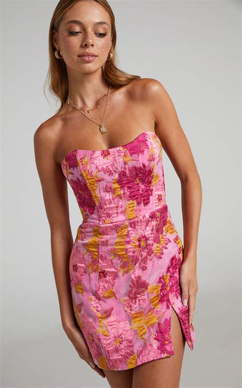 Brailey Mini Dress Strapless Dress In Pink Jacquard Floral Homecoming Dresses Mini Dress