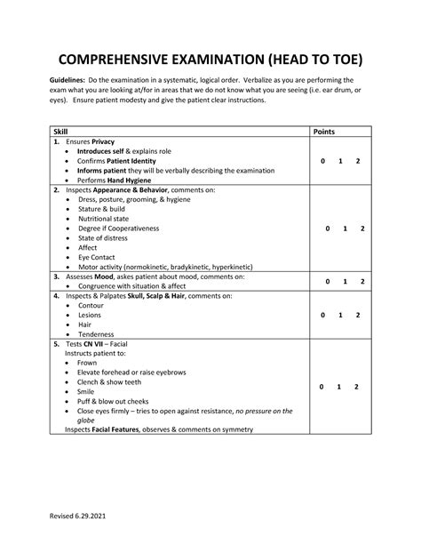 Comprehensive Head To Toe Exam Check Off Comprehensive Examination