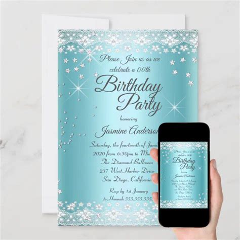 Birthday Party Teal Blue Silver Sparkle Lace Invitation Zazzle