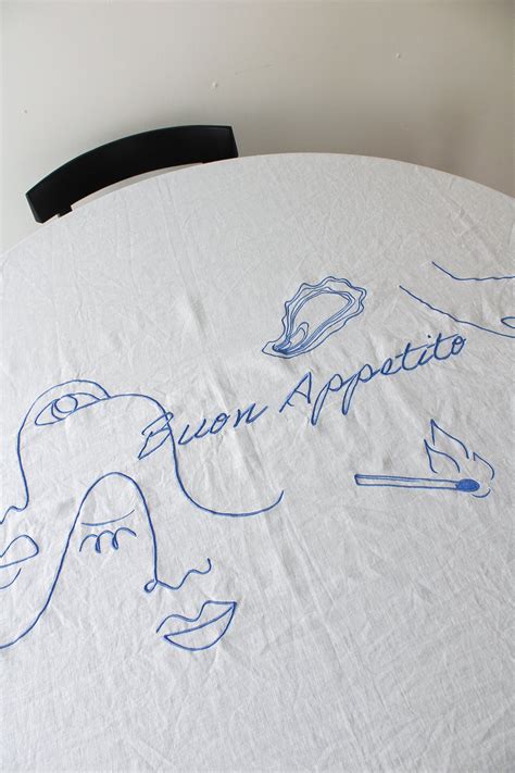 Embroidered Buon Appetito Linen Tablecloth In Blue Etsy 日本