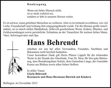 Traueranzeigen Von Hans Behrendt Abschied Nehmen De