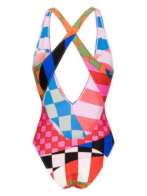 PUCCI Check Print V Neck Swimsuit Farfetch