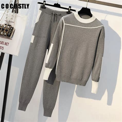 2 Pieces Set Women Knitted Pullovers Sweater Elastic Waist Pencil Pants