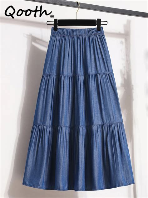 Qooth Women Patchwork Denim Color Pleated Skirt Elegant Elastic Waist