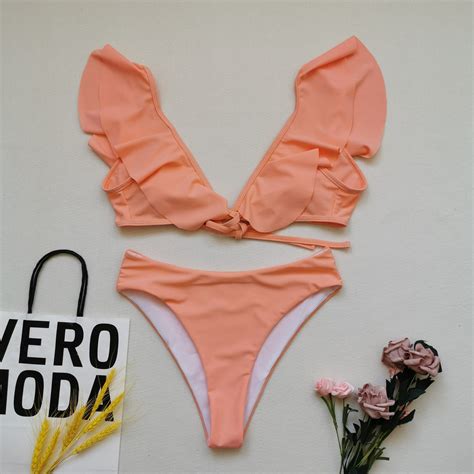 Ruffle Pure Color Bikini Deep V High Waist Swimwear High Waist Swimwear And Two Pieces Bikini