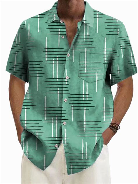 Royaura®retro Geometric Print Mens Button Pocket Short Sleeve Shirt