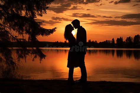 Sunset Photo of Silhouettes of a Couple in Love Stock Illustration ...