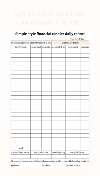 Simple Style Financial Cashier Daily Report Excel Template And Google