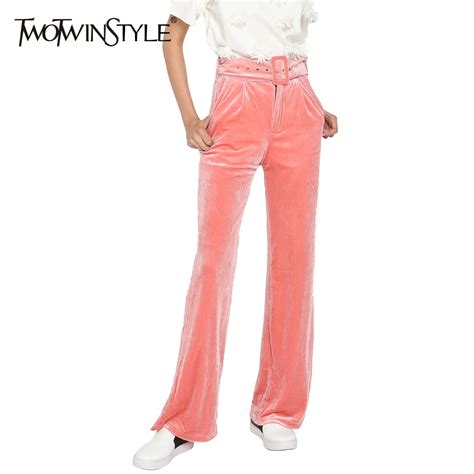 Twotwinstyle Spring With Belt Fashion Velvet High Waist Wide Leg