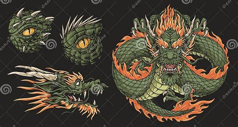 Chinese Dragon Set Stickers Colorful Stock Vector - Illustration of green, martial: 295582096