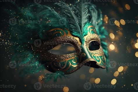 Realistic luxury carnival mask with green feathers. Abstract blurred ...