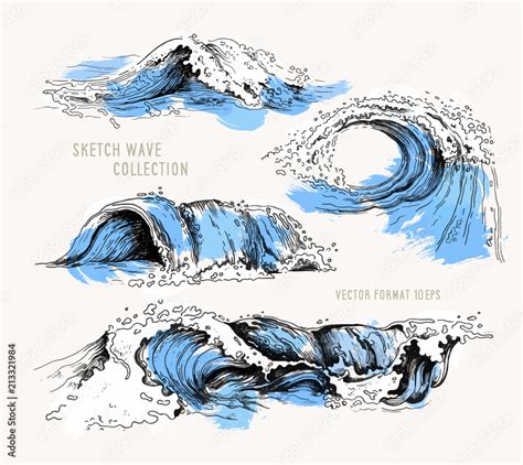 Vecteur Stock Sea waves. Sketch ocean waves. Vintage hand drawn ocean tidal storm waves isolated ...