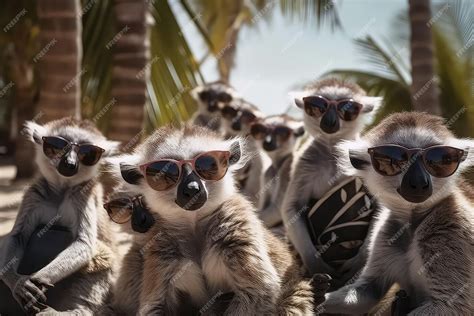 Premium Ai Image Group Of Lemurs Swinging From Palm Trees Wearing Stylish Sunglasses Beach