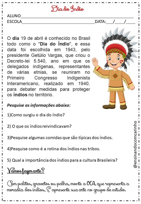 Atividade para trabalhar o dia do índio com interpretação de texto