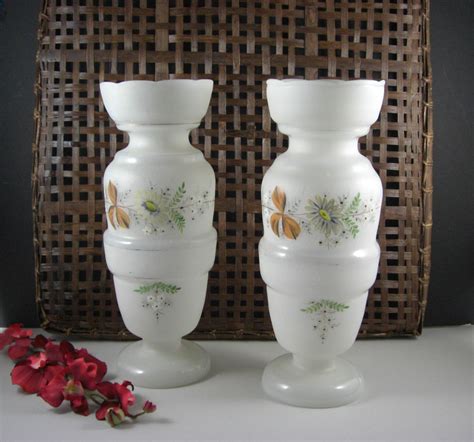 Pair Antique Bristol Frosted Glass Mantle Vases Hand Painted Etsy