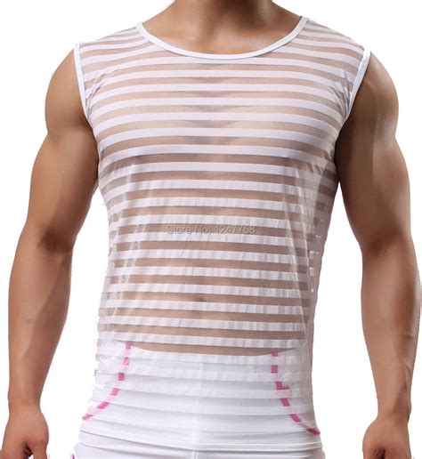 Wholesale Men Sexy Male Sex Underwear Stripe See Through Gay Clothing Mesh Shirts Man