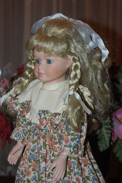 Vintage Porcelain Blonde Braided Doll Floral Dress With Boots 38 CM Jadees Antique Bear Shoppe