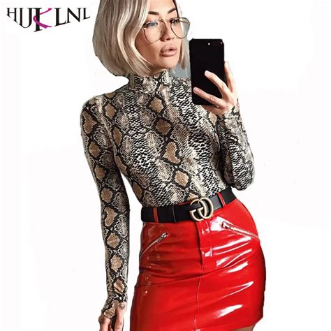 Hijklnl Women Clothes Clubwear Leopard Bodysuits Sexy Turtleneck Long