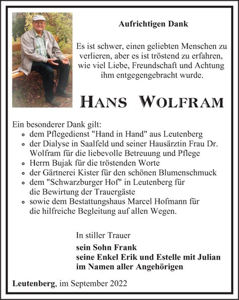 Traueranzeigen Von Hans Wolfram Trauer In Thueringen De