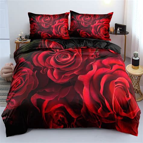 3D Red Rose Bedding Set A B Double Sided Blanket Quilt Cover Set Twin