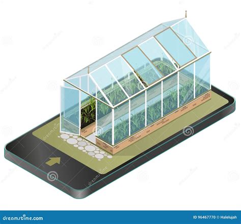 Vector Isometric Greenhouse With Glass Walls In Mobile Phone Isometric