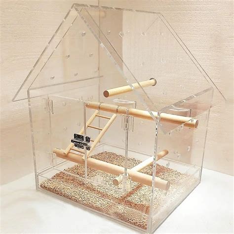 Exquisite Clear Acrylic House Shaped Bird Cage Acrylic Bird Feeder And