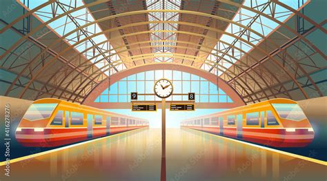 Railway station platform with trains and a clock. Cartoon vector ...