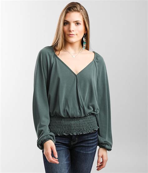 Daytrip Smocked Surplice Top Womens Shirts Blouses In Midnight Green