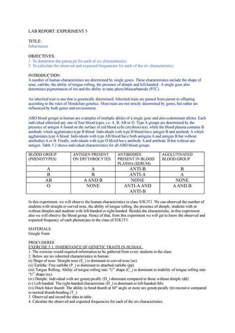 LAB Report 5 Biology SB015 LAB REPORT EXPERIMENT 5 TITLE