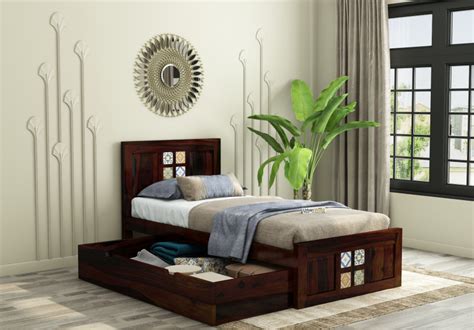 Buy Relay Single Bed With Drawer Storage Walnut Finish Online In India Urbanwood