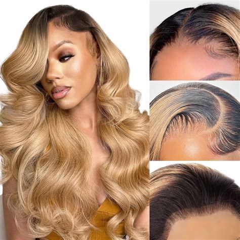 Amazon SFD Honey Blonde Ready To Go Glueless Wigs Human Hair 13X4 Dark Roots Blonde Lace
