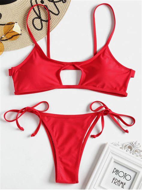 Off Tie Sides Caged Bralette Bikini Set In Love Red Zaful