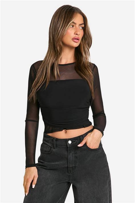 Mesh Panel Front Long Sleeve Top Boohoo Uk