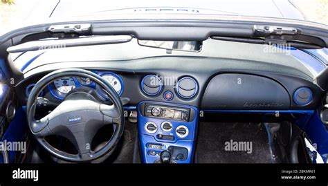 Bordeaux , Aquitaine / France - 04 26 2020 : Fiat Barchetta interior of convertible car blue ...